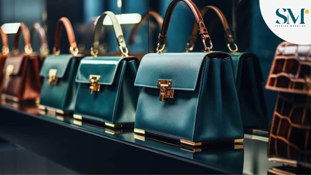 Chic leather bags line the boutiques shelf their luxury details coming into soft focus